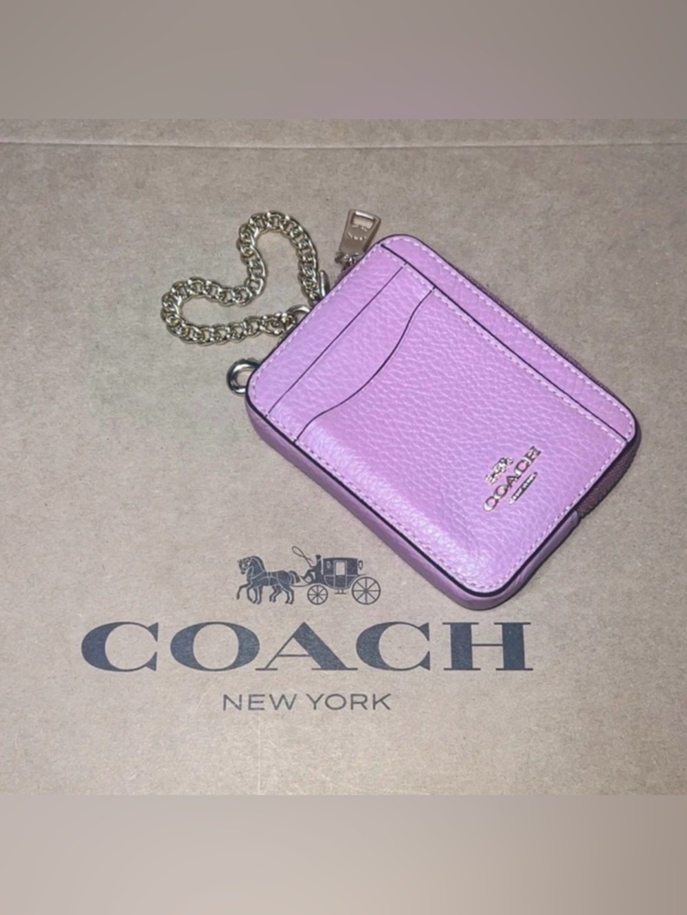 COACH Zip Card Case w Chain Pebble Leather GORGEOUS & AUTHENTIC True Pink & Gold